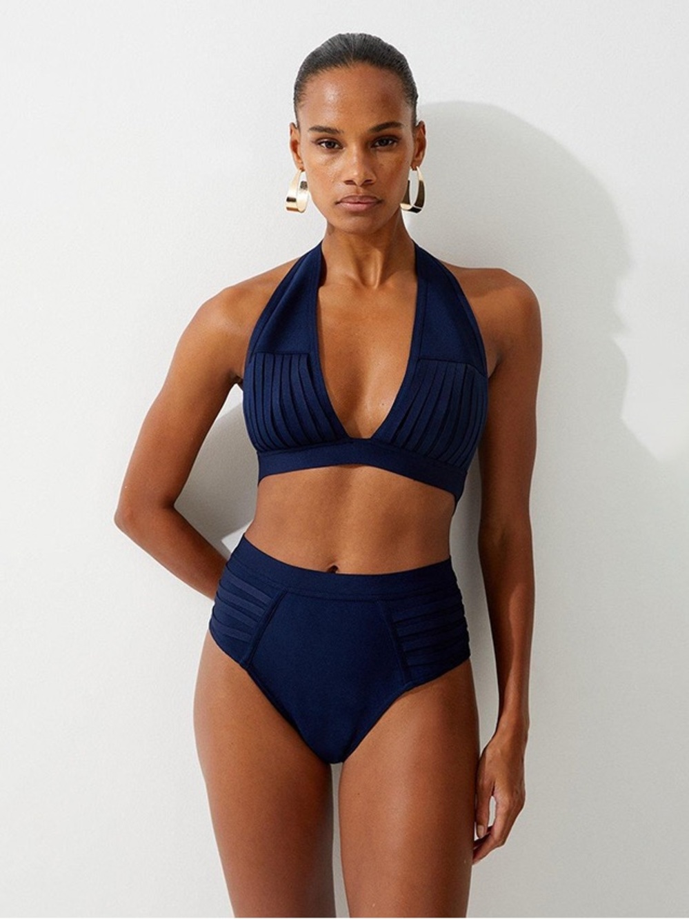 Karen Millen Navy Pleated Halter High-Waist Bikini NWT